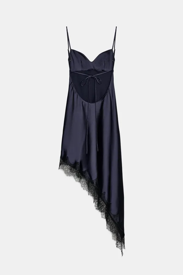Zara Satin Slip Dress with Lace Trim - Navy - Image 4