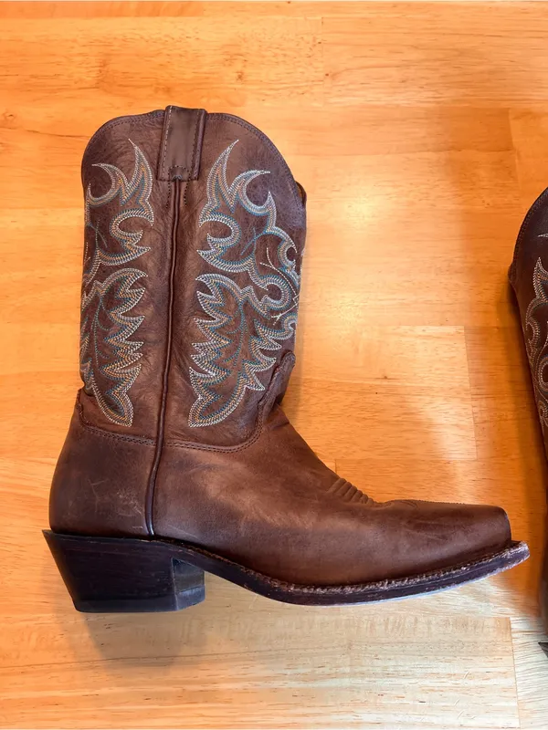 Nocona Brown Leather Western Boots with Turquoise Embroidery - Image 12