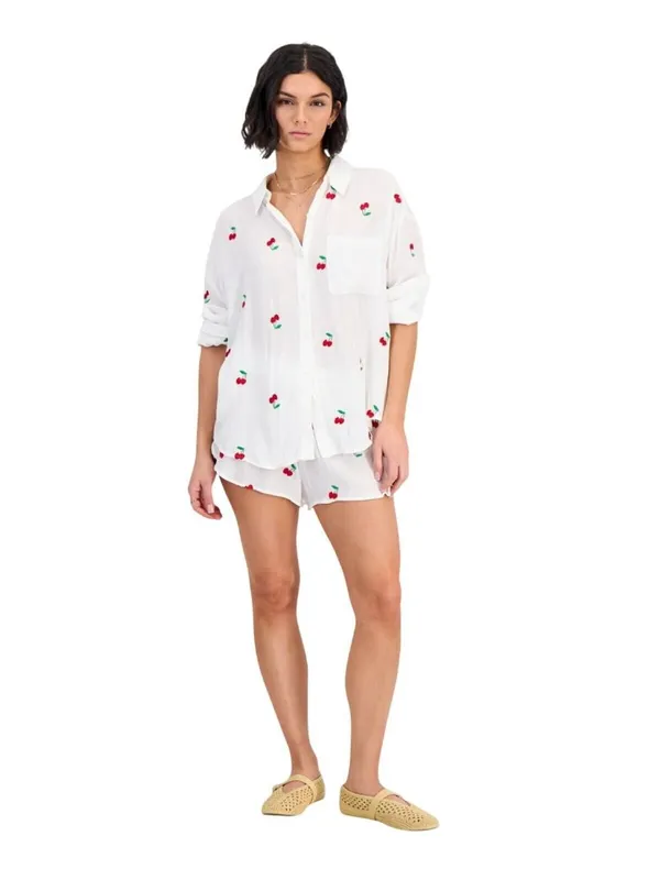 Miken Womens Cherry Embroidered Button-Down Swim Shirt I2992PUXH White Multi M - Image 7