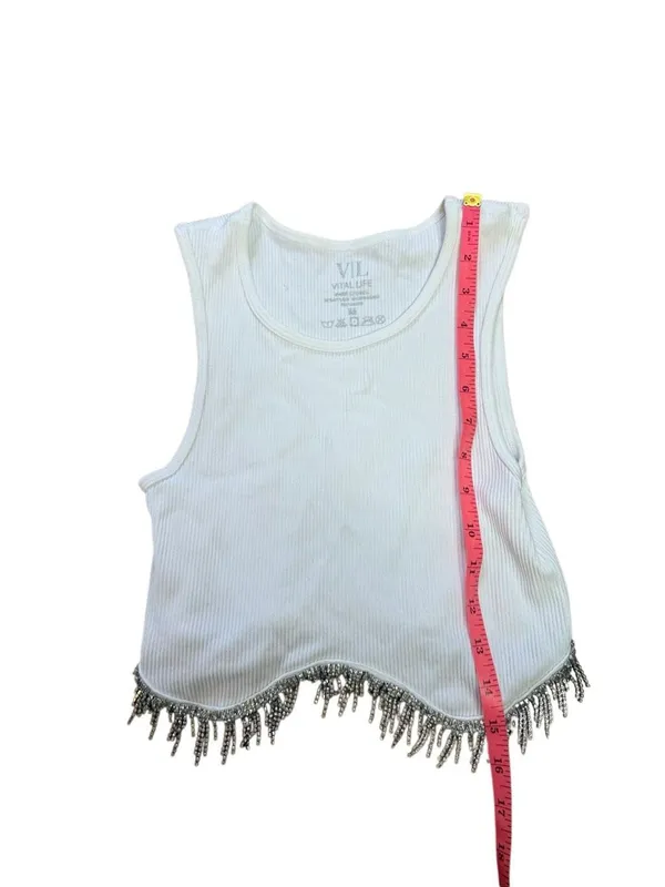 White Ribbed Rhinestone fringe Tank Top Medium Vital Life - Image 3