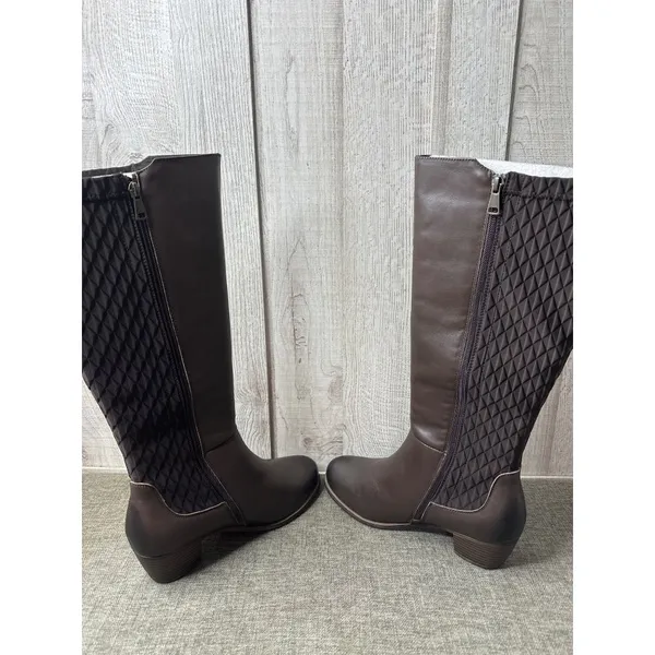 Propet Womens 9.5 Wide Brown Leather Boots Quilted Back Panel Chunky Heel - Image 7