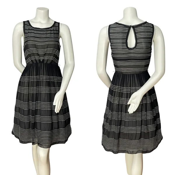 Anthropologie Hitherto Silk Dress Stripes Retro Sleeveless Fit‎ and Flare Black - Image 3