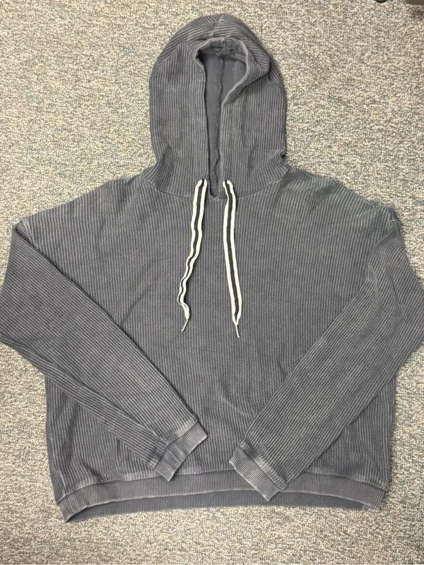 Aerie Charcoal Gray Ribbed Cropped Hoodie Size Small Oversized Pullover - Image 4