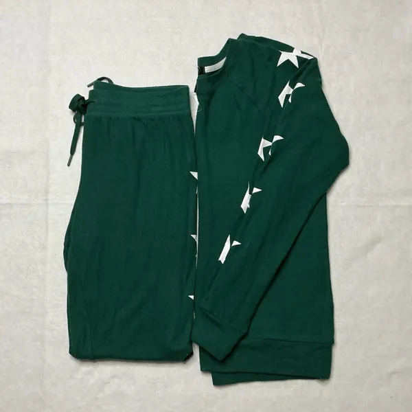 AQUA Lounge Womens Green Star Print Pajama Set Long Sleeve Top Joggers Size M - Image 2