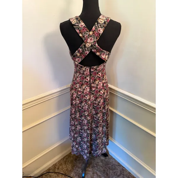 Vintage 90s All That Jazz Floral Rayon Midi Dress Cross Back Strap Grunge Retro - Image 5
