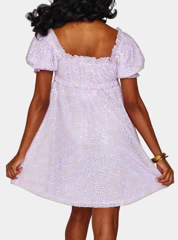 Buddy Love “Jac Puff” Sequin Purple Dress | M | Like-new Lavender Floral Overlay - Image 9