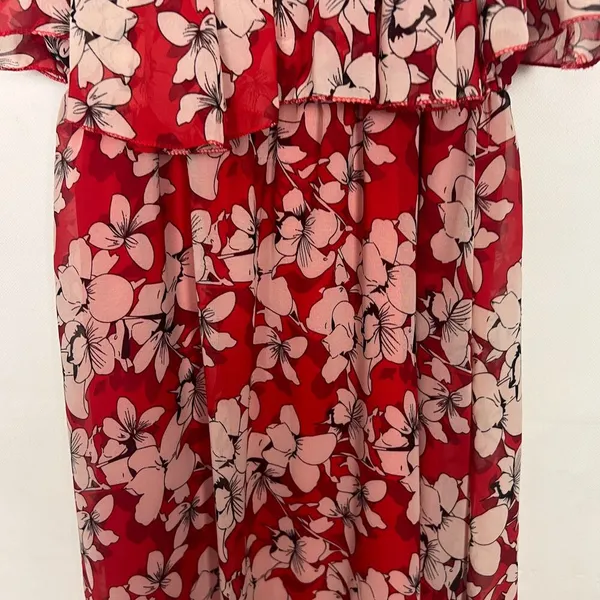 TTI Floral Off Shoulder Chiffon Red Maxi Dress Size Small - Image 15