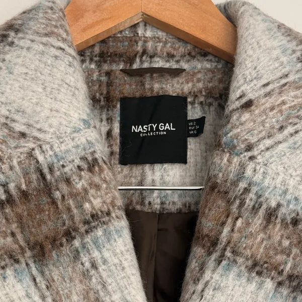 Nasty‎ Gal Collection Brushed Wool Look Plaid Checked Overcoat Trench US 2 NYC - Image 6