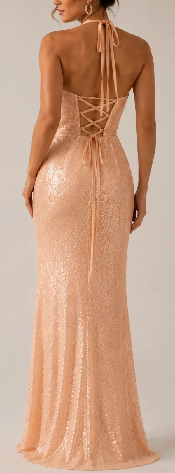 Class & Fashion Elegant Blush Sequin Dress. Side Slit Corset Back S/M - Image 3