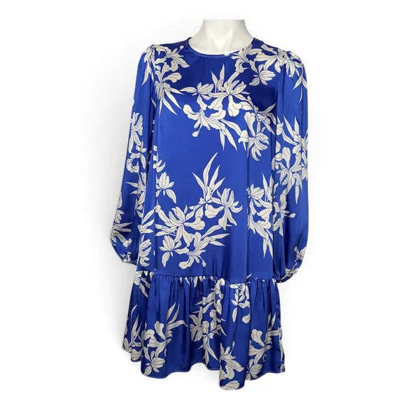 Alexis Floral Satin Mini Dress Large Blue White Long Sleeve No belt - Image 2