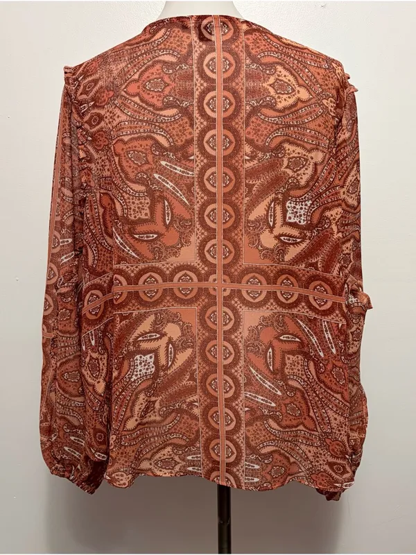 INC International Concepts Rust Paisley Tie-Front Tassel Blouse 1X Bohemian - Image 5