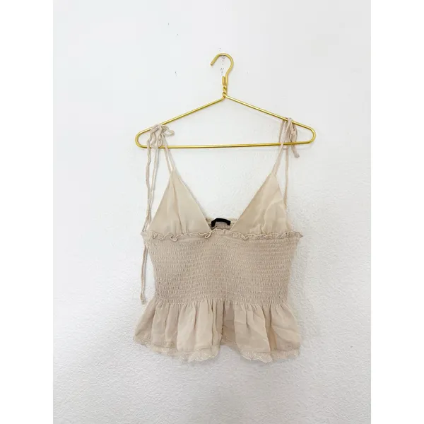 NWT Zara Tan Smocked Tie Straps Lace Trim Top Size Medium 0881/010 - Image 4