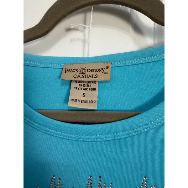 Isaacs Designs Casuals Blue Wine Glasses Rhinestone 3/4 Sleeve Top Small 7006‎ - Image 2