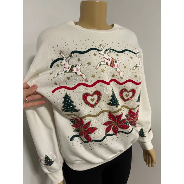 Vintage 90s NutCracker Christmas Sweatshirt White Reindeer Poinsettia Glitter M - Image 2