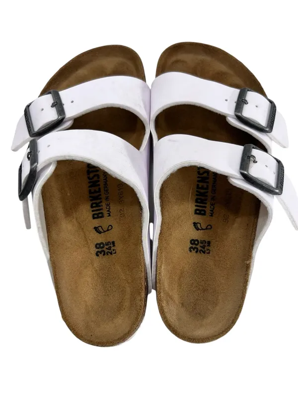 Birkenstock Arizona Sandals White Birko Flor Two Strap Silver Buckle - Image 4