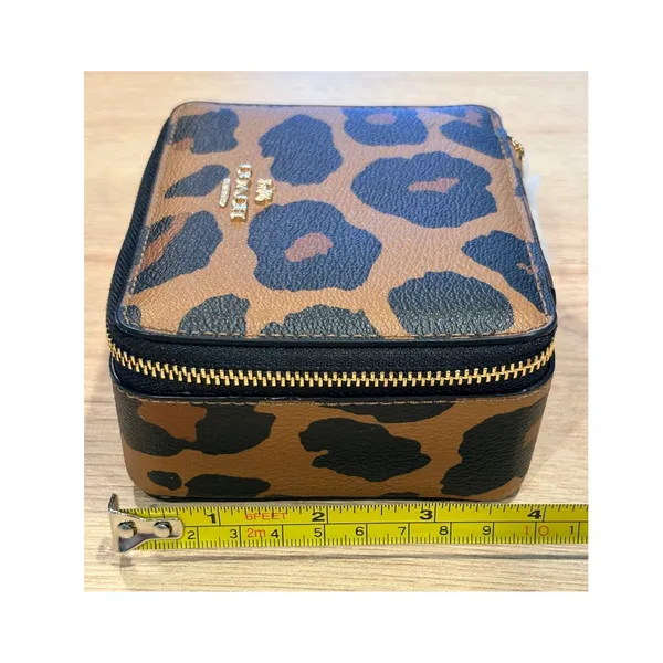 Coach Leopard Print Crossgrain Leather Travel Jewelry Box Case Mirror Gold Tone - Image 2