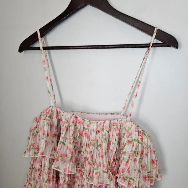 Something Navy Dress Floral Pleated Tiered Cream Multi Maxi Midi Garden Party - Image 3