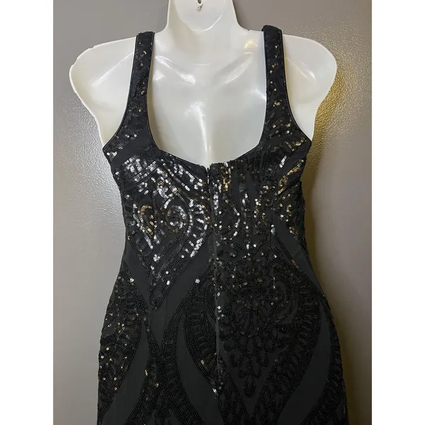 Lulus Dress Womens XS Black Sequin Square Neck Maxi Side Slit Evening Gown - Image 6