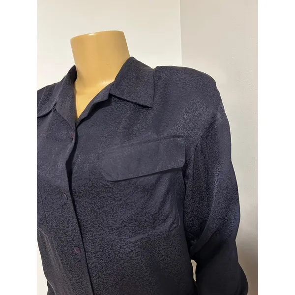 Alex & Amy Womens Navy Blue 100% Silk Jacquard Long Sleeve Button Down Blouse S - Image 2