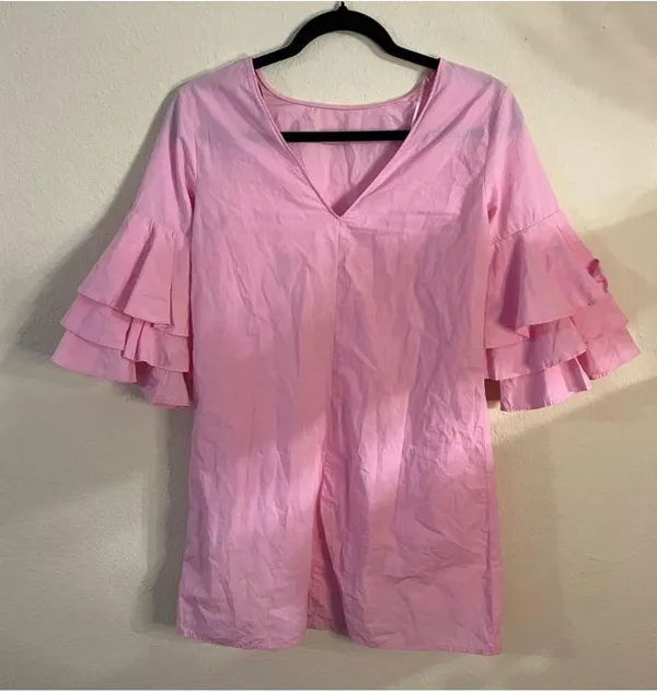 Zara Light Pink Ruffle Bell Sleeve Shift Mini Dress Size: XS - Image 4