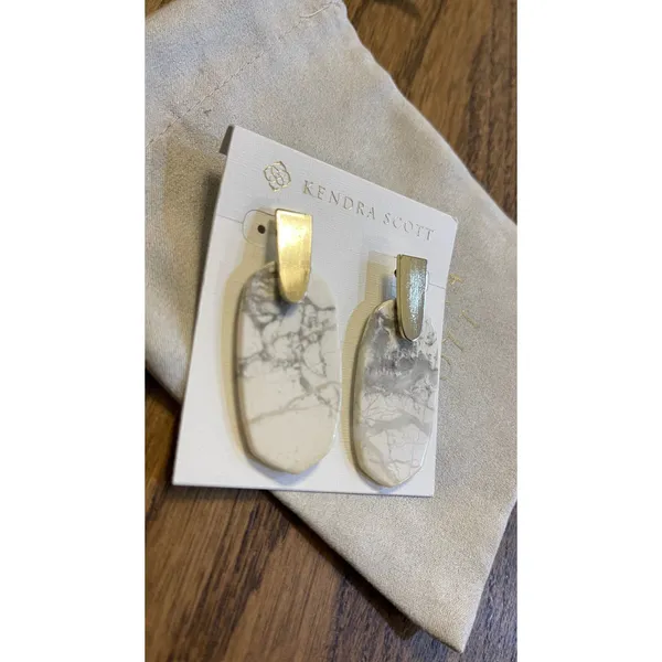 Kendra Scott Aragon Drop Earrings White Howlite Marble Gold Tone Oval Statement - Image 3