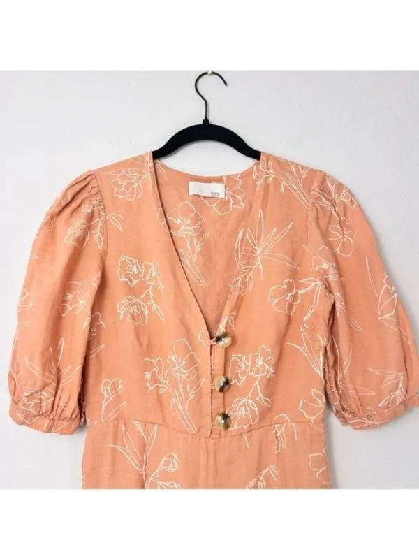 Capulet Isalina Linen Cropped Jumpsuit S Oleander Floral Puff Sleeve Wide Leg - Image 8