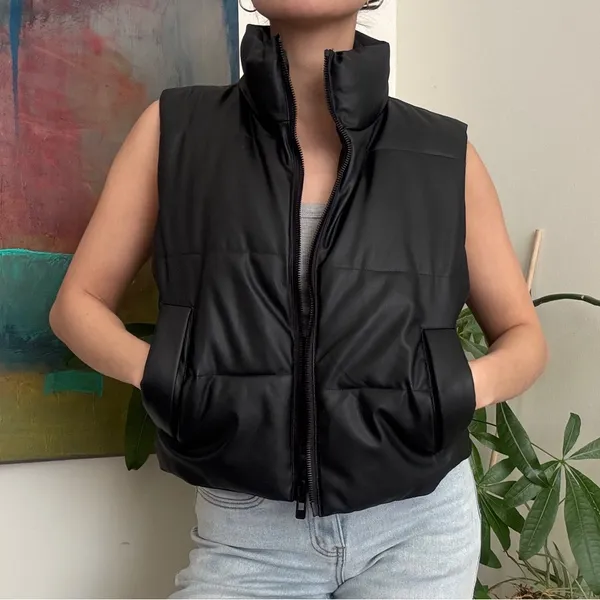 Zara faux leather black high neck puffer zip up vest XS - Image 2