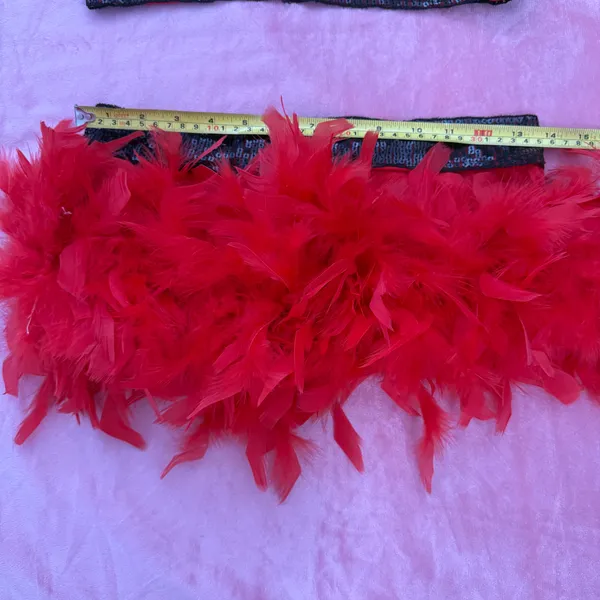 Red Hot Showgirl Feather Skirt Set – Y2K Burlesque Rave Bikini w/ Sequin Trim XS/S 💋✨ - Image 4