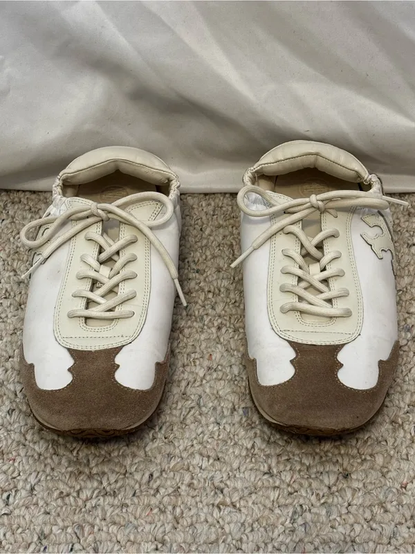 Tory Burch Leather Tory Logo Sneakers Low Tops White Ivory Cerbiatto size 10.5 - Image 4