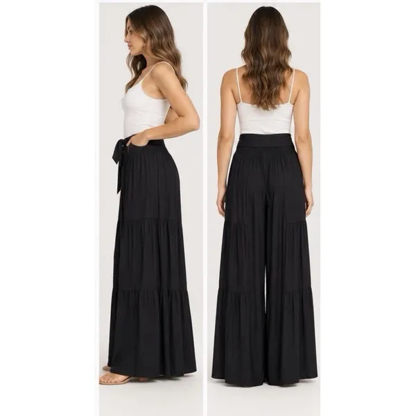 Patrons of Peace Womens S Black Wide Leg Palazzo Pants Tie Waist Boho Rayon - Image 3