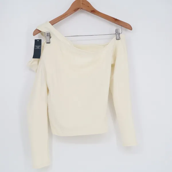 Abercrombie & Fitch Cream One Shoulder Long Sleeve Top Large - Image 5