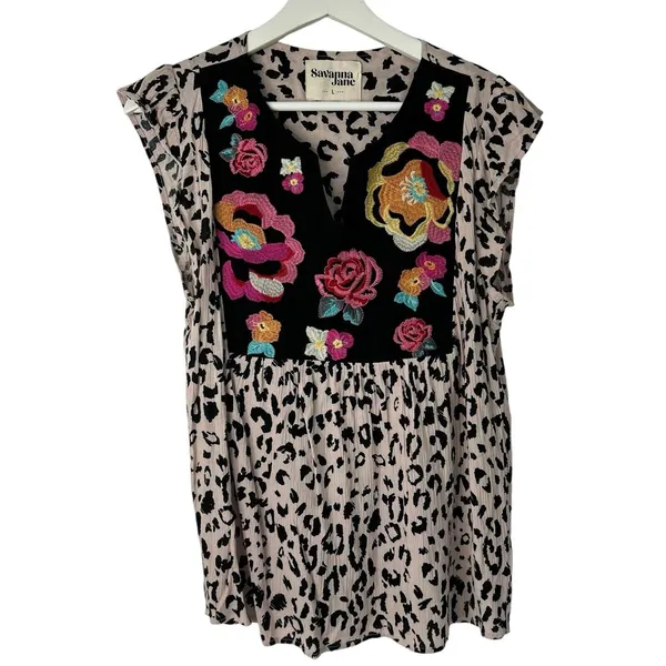 Savanna Jane Size L Blouse Leopard Print Embroidered Floral Top Boho Women's - Image 4