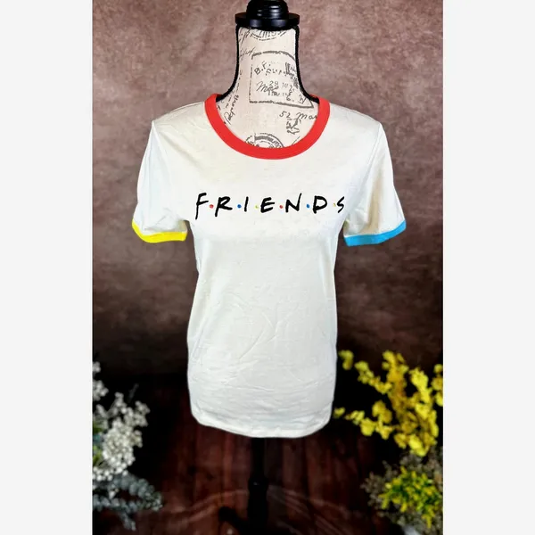 Friends Rainbow T-shirt Beige with Multicolor Neck and Cuffs M - Image 5