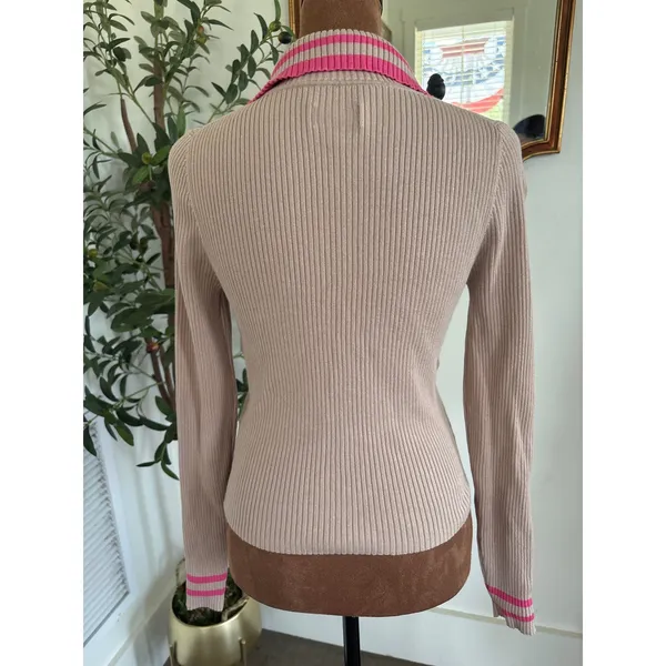 Maeve Anthropologie Ribbed Sweater Cardigan Tan Pink Stripe Collar XS LS - Image 3