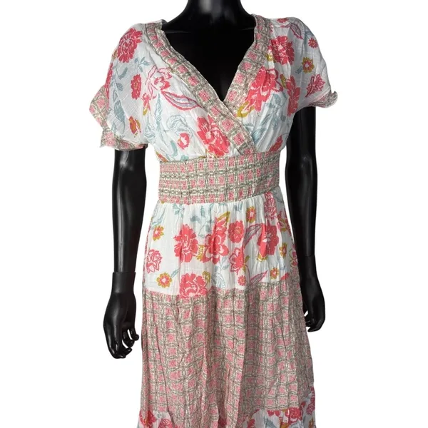 J GEE Womens Floral Smocked Waist Maxi Dress Pink White V-Neck‎ Boho Size S - Image 3