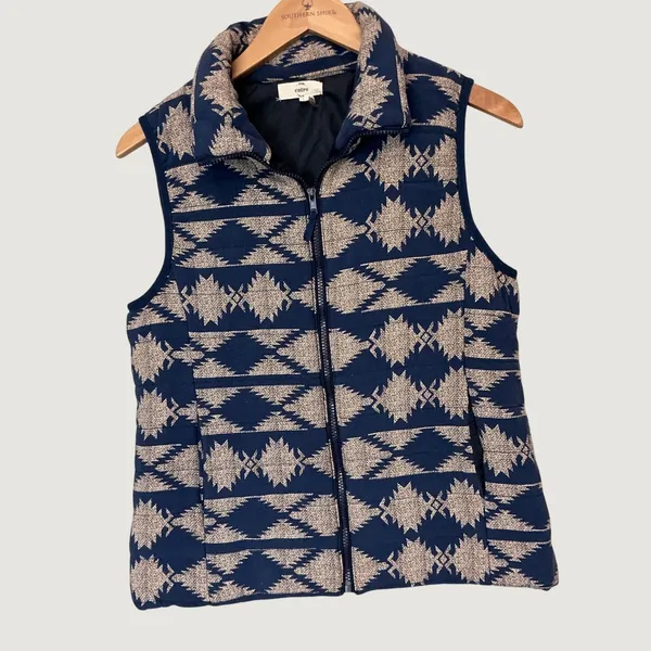 Entro Women Navy Blue Tan Southwestern Geometric Quilted Puffer Vest J8776 Large - Image 2