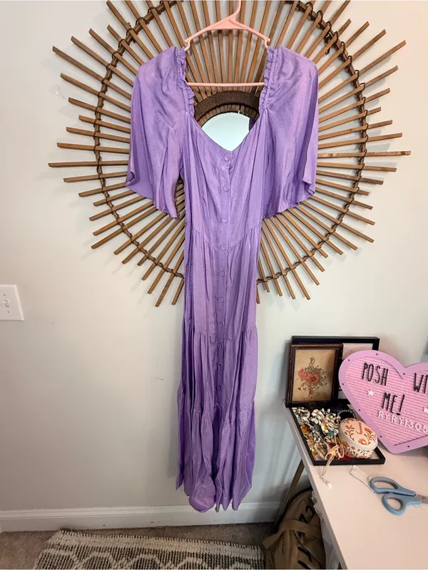 FRNCH Lilac Button-Front Tiered Maxi Dress Tie Back Wedding Guest Shower Spring - Image 7