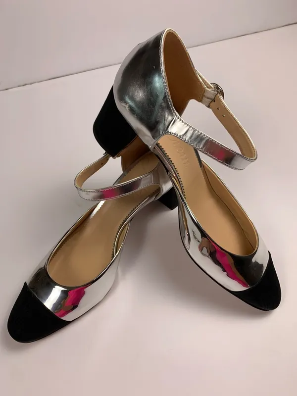 J.Crew Maisie Womens 9.5 Silver Leather Mary Jane Block Heel Black Cap Toe Shoes - Image 15