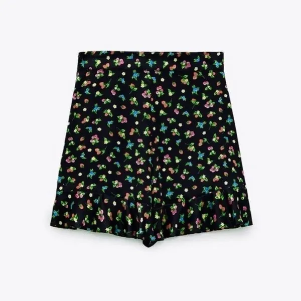 ZARA Black Floral Fruit Berries Ruffled Satin Shorts Skort Satin Summer X-Small - Image 14
