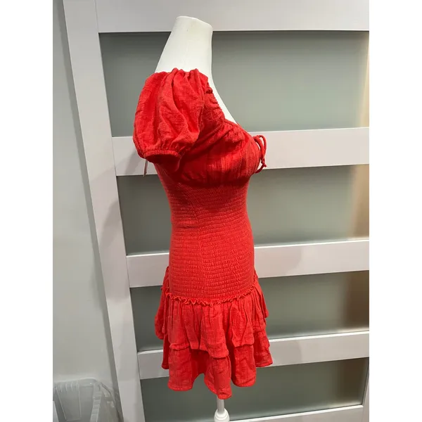 Sky to Moon Red orange Mini Dress Puff‎ Sleeve Tiered Ruffle Small NEW - Image 4