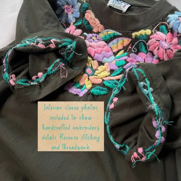 VTG Doris Guatemala T Shirt Sz L Floral Bird Embroidered Boho Folk‎ Art Festival - Image 8
