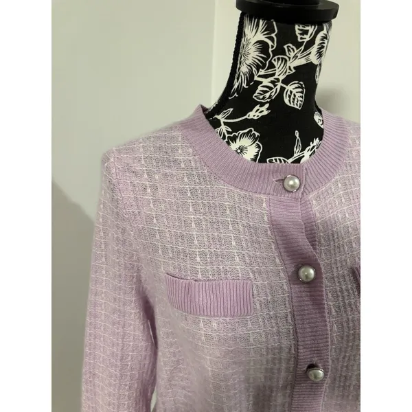 BLOOMINGDALES Purple Pink Pearl Buttons 2-Ply Cashmere Jacket Cardigan Medium - Image 5