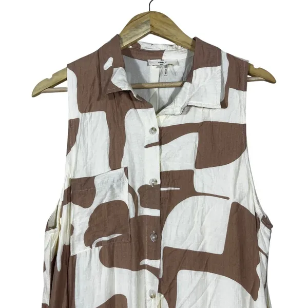 Entro Abstract Geometric Sleeveless Button Front Midi Shirt Dress Brown Size L - Image 2