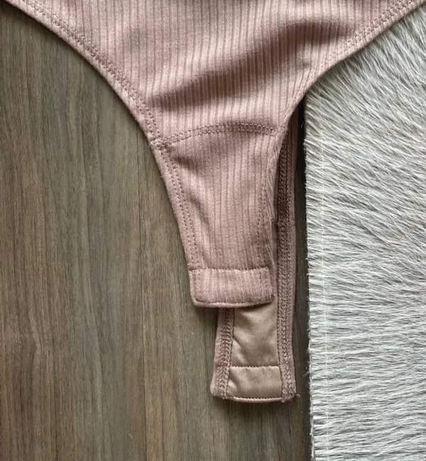 Privacy Please Bodysuit Tan Ribbed Long Sleeve Snap Front Top - Image 10