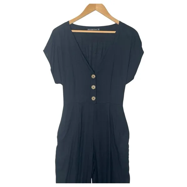Abercrombie Fitch Jumpsuit Womens XS Lightweight V Neck Short Sleeve Pockets Blk - Image 4