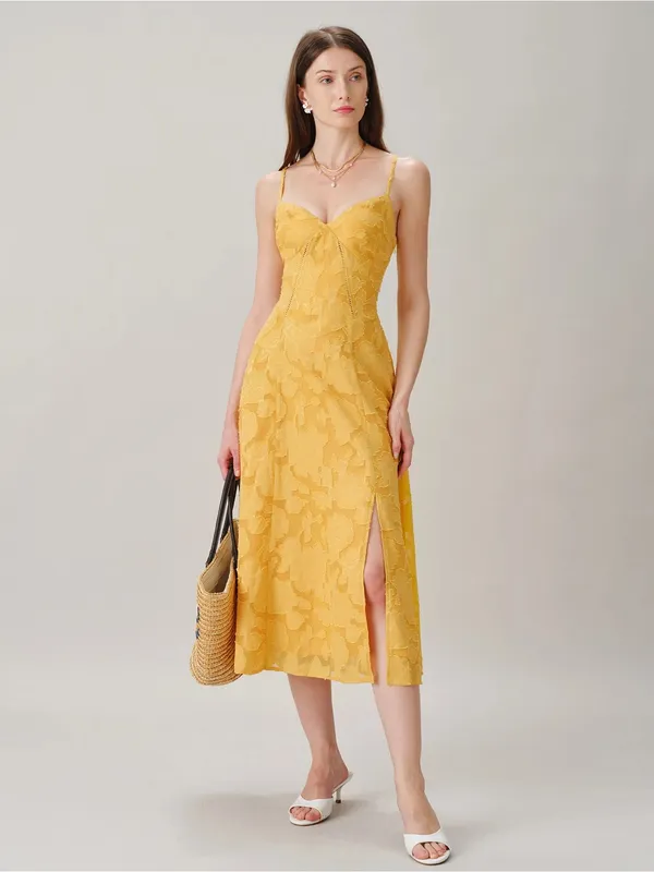 Rihoas Yellow X Cross Jacquard Slip Midi Dress - Image 4