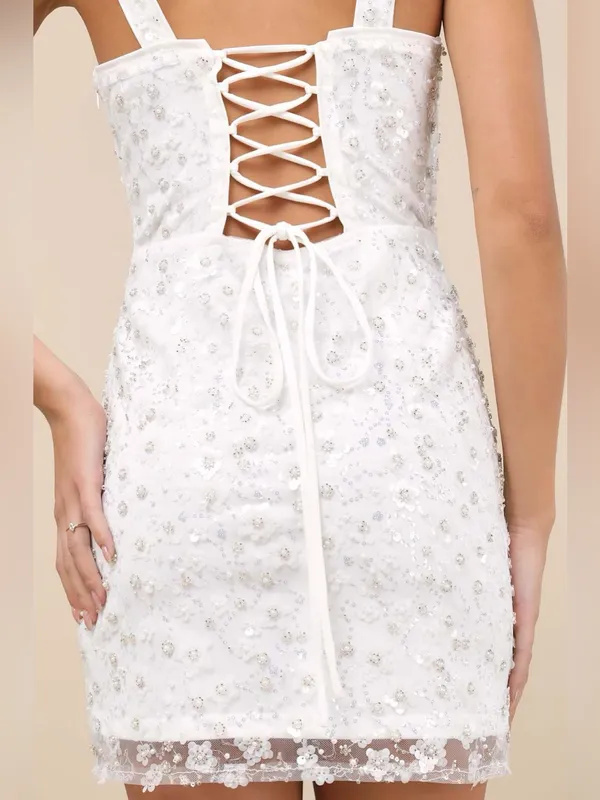 Lulus Dazzling Forever White Sequin Beaded Bodycon Mini Dress Size Medium Bridal - Image 3