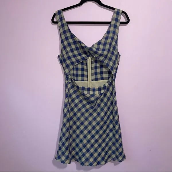 Olivaceous Mini Dress Women Size M Sleeveless Twist Front Cut-Out Gingham Linen - Image 2