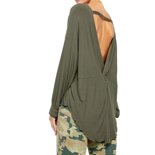 Free People Shimmy Shake Tunic Top Army Green Ribbed Open Back Boho - Image 2