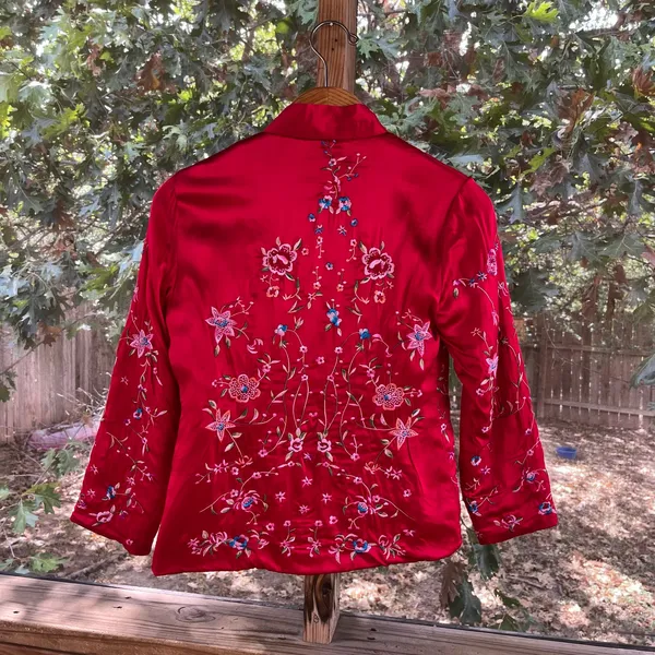 Women's Red Embroidered Asian Satin Jacket Size S - Image 2